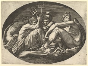 Pluto, Neptune, Minerva and Apollo, from a series of eight compositions after Francesco P..., 1560s. Creator: Giorgio Ghisi.