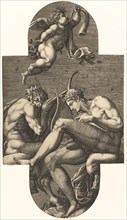 Apollo, Pan, and a putto blowing a horn, from a series of eight compositions after France..., 1560s. Creator: Giorgio Ghisi.