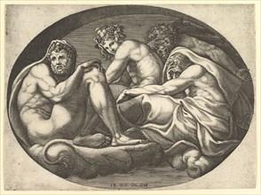 Hercules, Bacchus, Pan, and Saturn, from a series of eight compositions after Francesco P..., 1560s. Creator: Giorgio Ghisi.