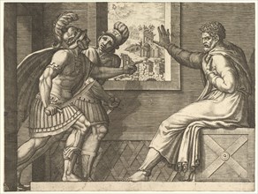 Caius Marius in Prison, two Cimbrian soldiers entering his cell, 1560-69. Creator: Giorgio Ghisi.