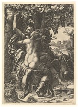 Angelica and Medoro; the couple embracing, Medoro carving their names in the bark of a..., ca. 1570. Creator: Giorgio Ghisi.