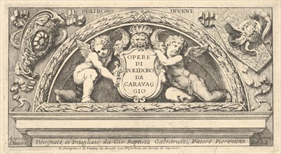 Titeplate to series of prints after Poloidoro, title on a shield supported by two putti, 1658. Creator: Giovanni Battista Galestruzzi.