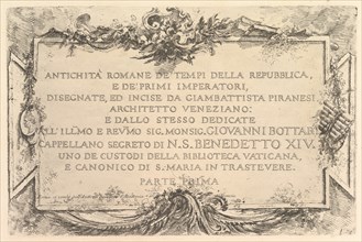 Title page: Roman Antiquity of the Time of the Republic and the First Emperors (Antich..., ca. 1748. Creator: Giovanni Battista Piranesi.