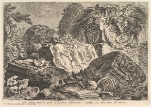 Ancient Altar on which sacrifices were performed in antiquity, surrounded by other rui..., ca. 1750. Creator: Giovanni Battista Piranesi.