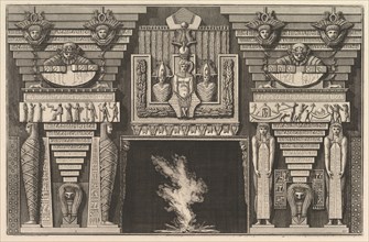 Chimneypiece in the Egyptian style: Two mummies in profile on the left and two figures..., ca. 1769. Creator: Giovanni Battista Piranesi.