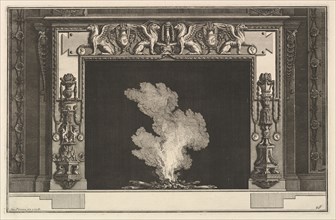 Chimneypiece: Affronted griffons on the lintel and candelabra on the jambs
