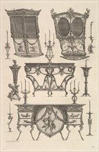 Miscellaneous furniture including two sedan chairs, a side table and a commode (Deux c..., ca. 1769. Creator: Giovanni Battista Piranesi.