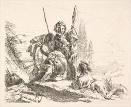 Three soldiers and a youth lying on his abdomen in a landscape, the soldiers bear a..., ca. 1740-42. Creator: Giovanni Battista Tiepolo.