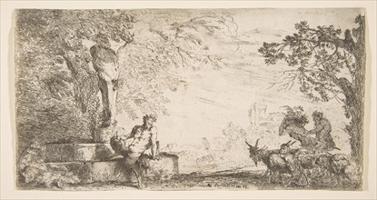 A satyr reclining at the foot of a staute of Priapus, goats at the right, ca. 1645-48. Creator: Giovanni Benedetto Castiglione.