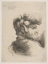 Man in profile facing right, wearing a fur hat, from series of 'Small Heads in Orie..., ca. 1645-50. Creator: Giovanni Benedetto Castiglione.