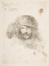 Head of a man wearing a feathered cap (possibly Bernini, possibly a self portrait..., ca. 1645-1650. Creator: Giovanni Benedetto Castiglione.