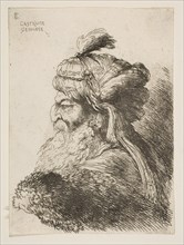 Head of an old man with a turban facing left, from the series of 'Small Heads in ..., ca. 1645-1650. Creator: Giovanni Benedetto Castiglione.