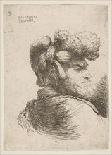 Man in profile facing right, wearing a fur hat, from series of 'Small Heads in Or..., ca. 1645-1650. Creator: Giovanni Benedetto Castiglione.
