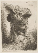 Young man facing three quaters right wearing a fur headdress with a plume, jewel ..., ca. 1645-1650. Creator: Giovanni Benedetto Castiglione.