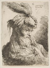 Head of a bearded man with a turban facing right, from the series of 'Small Heads..., ca. 1645-1650. Creator: Giovanni Benedetto Castiglione.