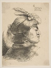 Man wearing a small turban Oonamented with plumes and ribbon, facing right, from ..., ca. 1645-1650. Creator: Giovanni Benedetto Castiglione.