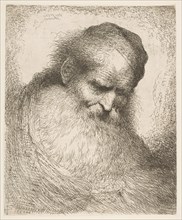 A bearded man wearing a cap looking down to the right, from the series 'Heads in Or..., ca. 1648-50. Creator: Giovanni Benedetto Castiglione.
