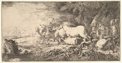 Entry of the animals into Noah's ark, three men follow quadrupeds and birds stridin..., ca. 1650-55. Creator: Giovanni Benedetto Castiglione.