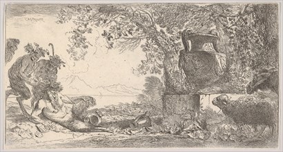 Pan reclining at left with two standing satyrs, a large vase on a pedestal at right, ca. 1645. Creator: Giovanni Benedetto Castiglione.