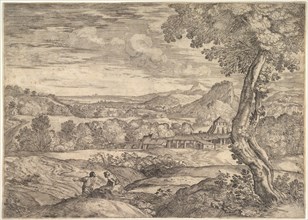 Landscape with a brick factory in the middle ground, a standing man in the foreground p..., 1626-80. Creator: Giovanni Francesco Grimaldi.