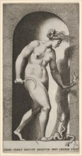 Plate 14: Ceres in a niche, facing right, standing over a two-headed snake and holding a h..., 1526. Creator: Giovanni Jacopo Caraglio.