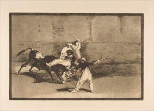 Plate 8 from the 'Tauromaquia': A moor caught by the bull in the ring, ca. 1816. Creator: Francisco Goya.