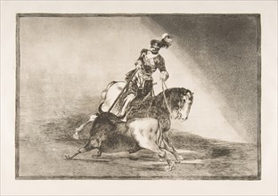 Plate 10 from 'La Tauromaquia': Charles V spearing a bull in the ring at Valladolid, 1816. Creator: Francisco Goya.