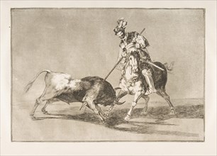 Plate 11 from the 'Tauromaquia': The Cid campeador spearing another bull., 1816. Creator: Francisco Goya.