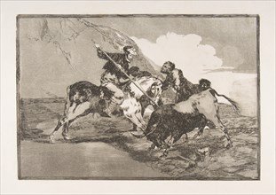 Plate 1 from 'The Tauromaquia': The way in which the ancient Spaniards hunted bulls on hor..., 1816. Creator: Francisco Goya.