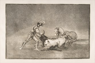 Plate 9 of the 'Tauromaquia': A Spanish knight kills the bull after having lost his horse., 1816. Creator: Francisco Goya.