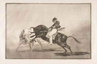 Plate 24 of the 'Tauromaquia': The same Ceballos mounted on another bull breaks short spea..., 1816. Creator: Francisco Goya.