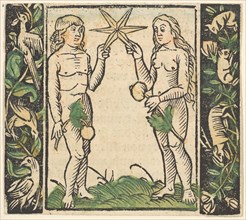 Adam and Eve Holding a Star, illustration from Beschlossen Gart des Rosenkranz Mariae. Creator: Hans Baldung.