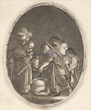 Salome receiving the head of John the Baptist, surrounded by three men and a child bea..., ca. 1610. Creator: Hendrik Goudt.