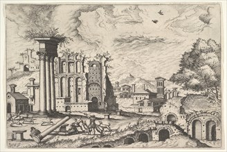 View of the Roman Forum, looking toward the Palatine Hill, from the series 'The Small book..., 1562. Creators: Johannes van Doetecum I, Lucas van Doetecum.