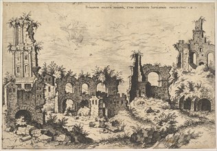 View of ruins on the Palatine Hill with trabeated facade at left and arcades at center, fr..., 1550. Creator: Hieronymus Cock.