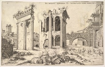View of unidentified ruins with trabeated facade at left, arcades at center, and arch at r..., 1551. Creator: Hieronymus Cock.
