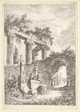 Plate 3: The Statue Before the Ruins: a statue to left next to three figures on a p..., ca. 1763-64. Creator: Hubert Robert.