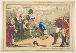 The Ceremony of Investiture of My L**d S**m**th with the Order of Cabbage-hood, ca. June 1819. Creator: JL Marks.