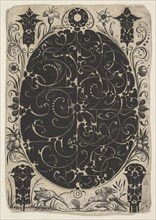 Oval Case Decorated with Schweifwerk in Two Variants, Surrounded by Smaller Motifs..., ca. 1614-19. Creator: Jacques Hurtu.