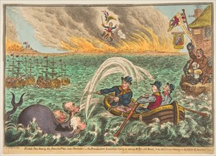 British Tars Towing the Danish Fleet into Harbour; the Broad-Bottom Leviathan t..., October 1, 1807. Creator: James Gillray.