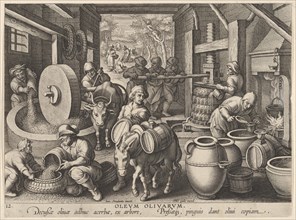 New Inventions of Modern Times [Nova Reperta], The Invention of the Olive Oil Press, p..., ca. 1600. Creator: Jan Collaert I.