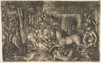A King Pursued by a Unicorn, from the Unicorn Series, ca. 1555. Creator: Jean Duvet.