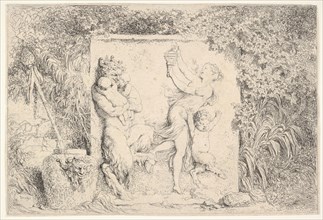 A bas-relief depicting a satyr at left holding two infants, another child satyr to right..., 1763. Creator: Jean-Honore Fragonard.