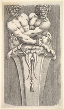 Design for a Term with Two Bacchic Figures, from: Curieuses recherches de plusieurs beaus ..., 1645. Creator: Jean le Pautre.