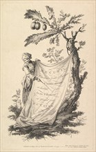 Title page: a smiling man holds a corner of a cloth tied to a fig tree and points with a s..., 1759. Creator: Pierre-Charles Canot.