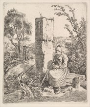 An Old Lady Sitting Near a Pillar at Side of Road, 1819. Creator: Johann Christian Erhard.