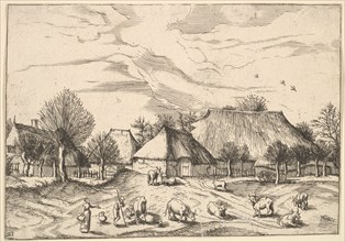 Farms, cattle with herdsmen and milkmaids in the foreground from Multifariarum casularu..., 1559-61. Creator: Johannes van Doetecum I.