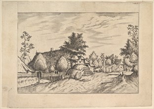 Village Street, hay stacked in front of a farm from Praediorum villarum et rusticar..., ca. 1559-61. Creator: Johannes van Doetecum I.