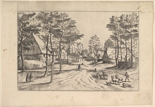Village Street, cattle, sheep and herdsman in the foreground from Praediorum villar..., ca. 1559-61. Creator: Johannes van Doetecum I.