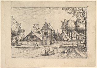 Farmstead, cows and herdsman in the foreground from Praediorum villarum et rusticar..., ca. 1559-61. Creator: Johannes van Doetecum I.